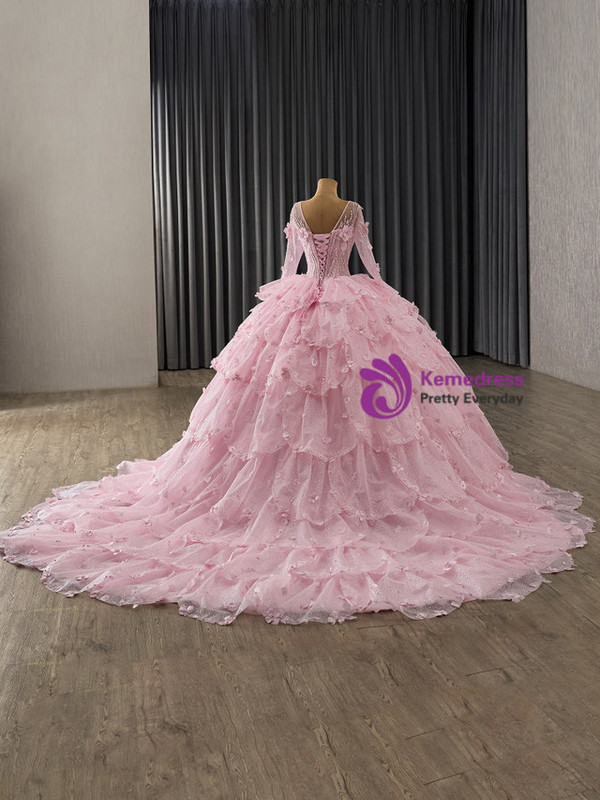 Pink Tulle Sequins V-neck Long Sleeve Tiers Prom Dress