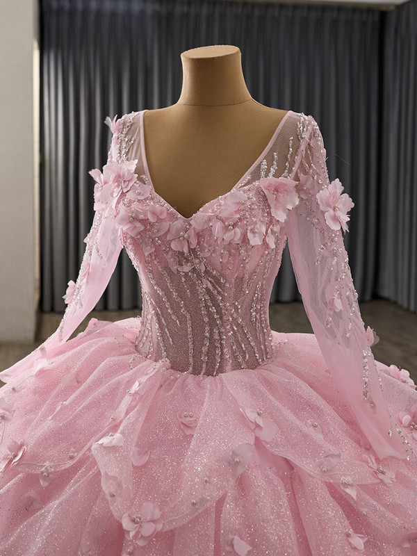 Pink Tulle Sequins V-neck Long Sleeve Tiers Prom Dress
