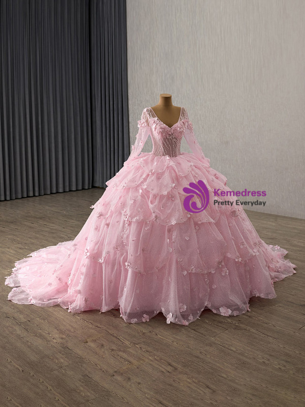Pink Tulle Sequins V-neck Long Sleeve Tiers Prom Dress