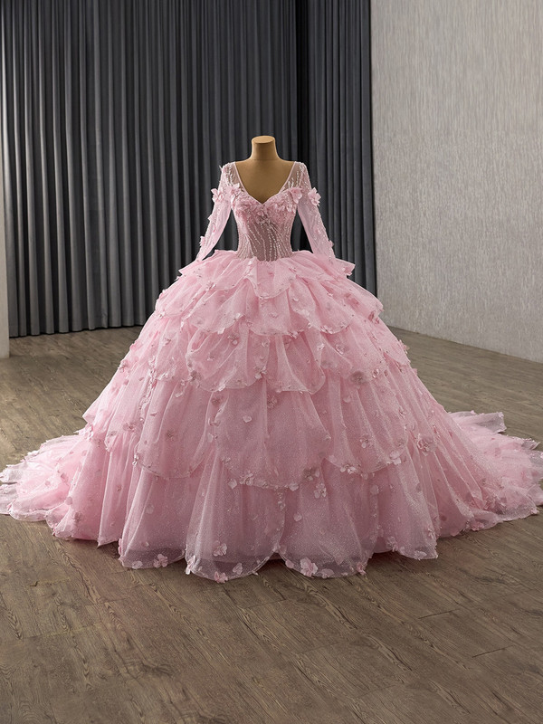 Pink Tulle Sequins V-neck Long Sleeve Tiers Prom Dress