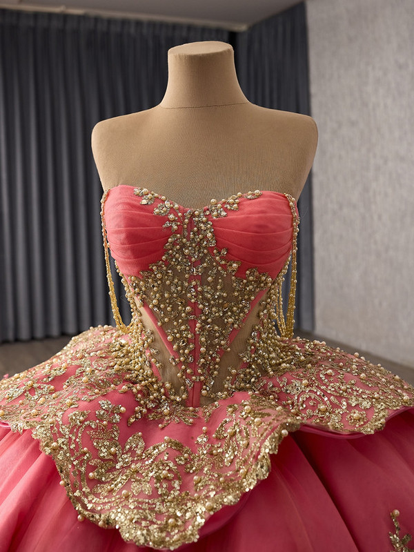Watermelon Red Tulle Strapless Appliques Beading Prom Dress