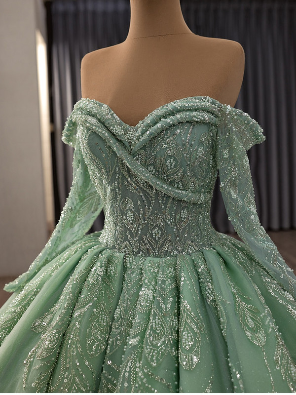 Green Tulle Sequins Beading Long Sleeve Prom Dress
