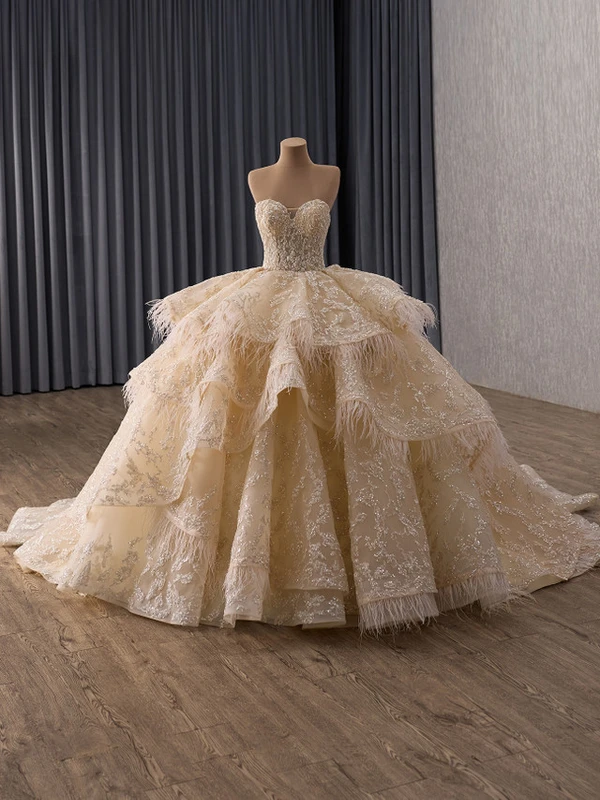 Vintage Champagne Tiers Tulle Sequins Prom Dress