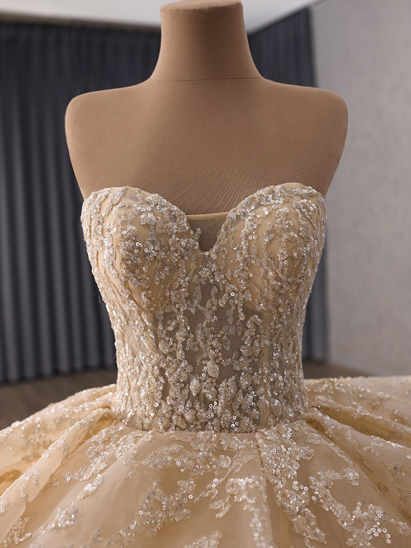 Vintage Champagne Tiers Tulle Sequins Prom Dress