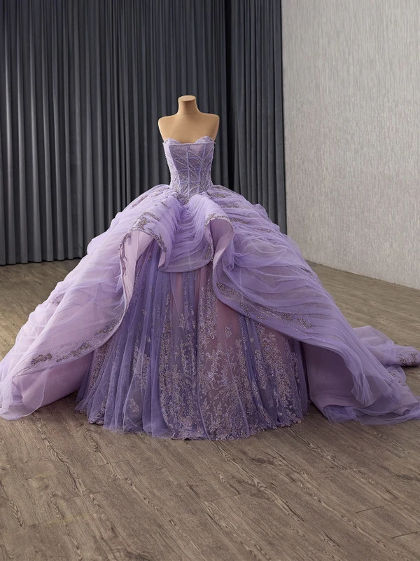 Purple Ball Gown Strapless Tulle Sequins Prom Dress