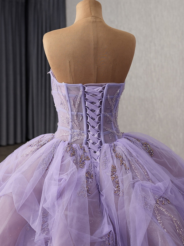 Purple Ball Gown Strapless Tulle Sequins Prom Dress