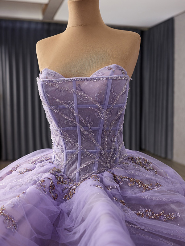 Purple Ball Gown Strapless Tulle Sequins Prom Dress