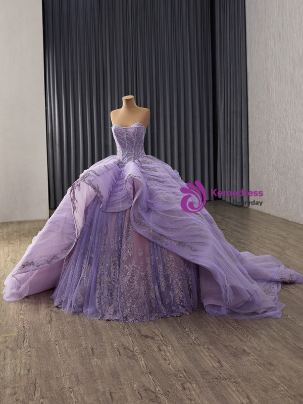 Purple Ball Gown Strapless Tulle Sequins Prom Dress