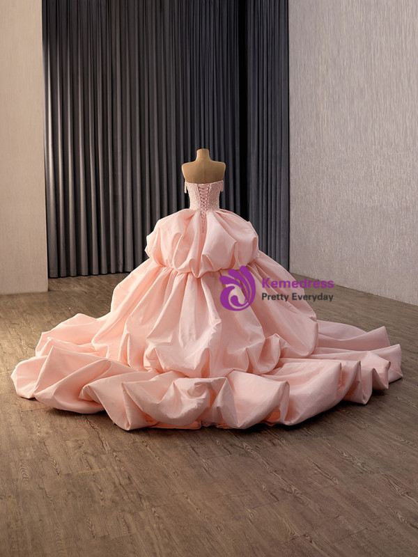 Pink Tulle Satin Strapless Sequins Beading Prom Dress