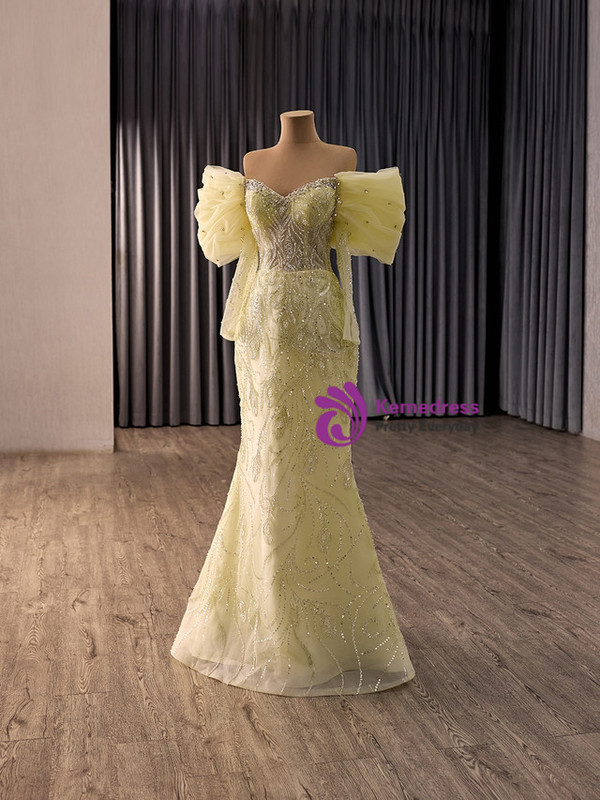 Yellow Mermaid Long Sleeve Sequins Prom Dress
