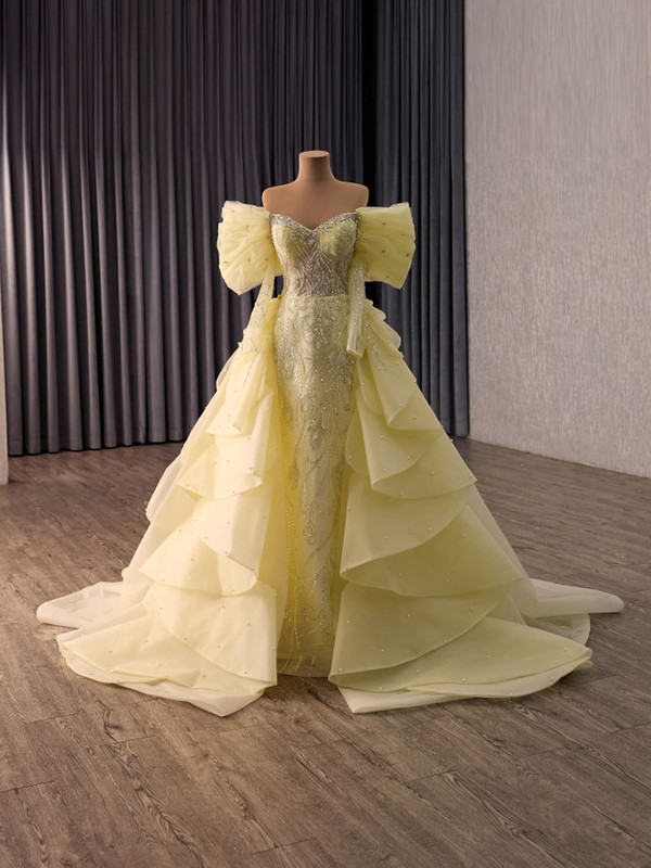 Yellow Mermaid Long Sleeve Sequins Prom Dress