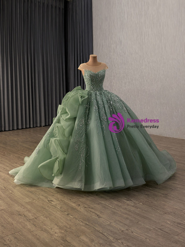 Green Scoop Neck Sequins Beading Cap Sleeve Prom Dress