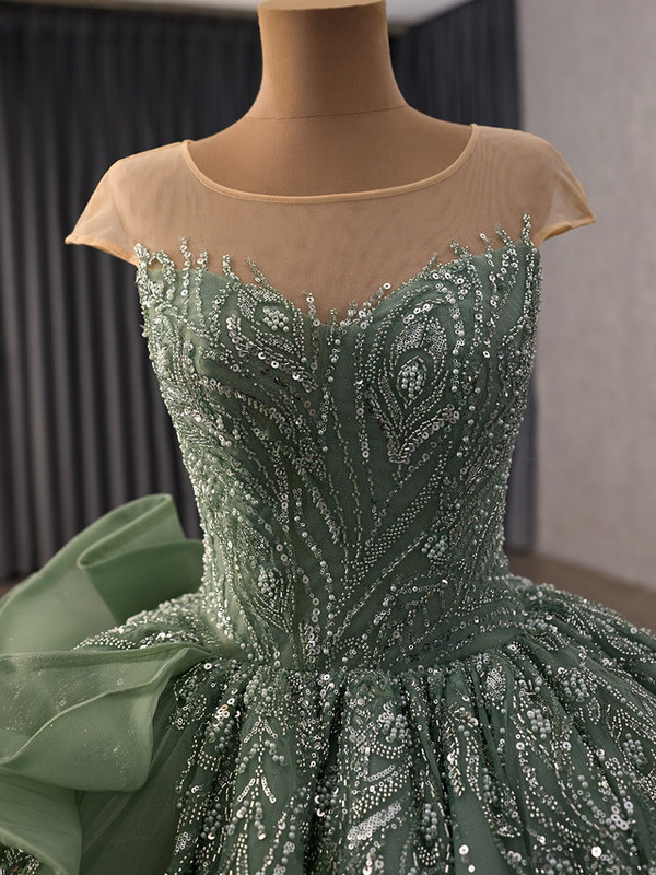 Green Scoop Neck Sequins Beading Cap Sleeve Prom Dress