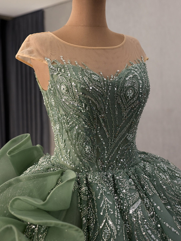 Green Scoop Neck Sequins Beading Cap Sleeve Prom Dress