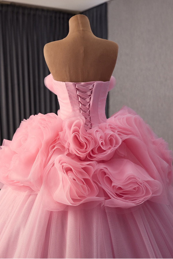 Fashion Pink Tulle Strapless Flower Prom Dress