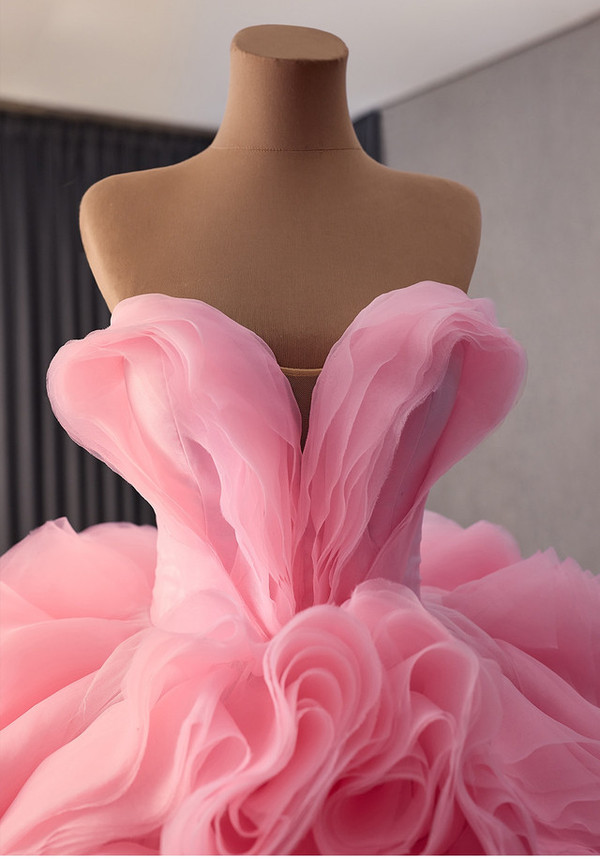 Fashion Pink Tulle Strapless Flower Prom Dress