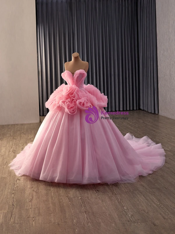Fashion Pink Tulle Strapless Flower Prom Dress