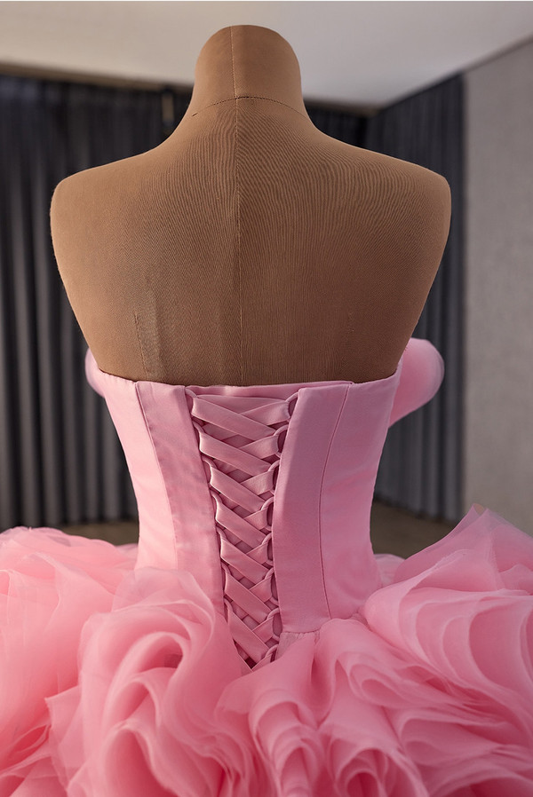 Fashion Pink Tulle Strapless Flower Prom Dress