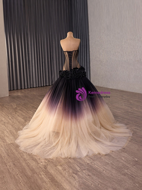 Gradient Black Tulle Long Sleeve Flower Prom Dress
