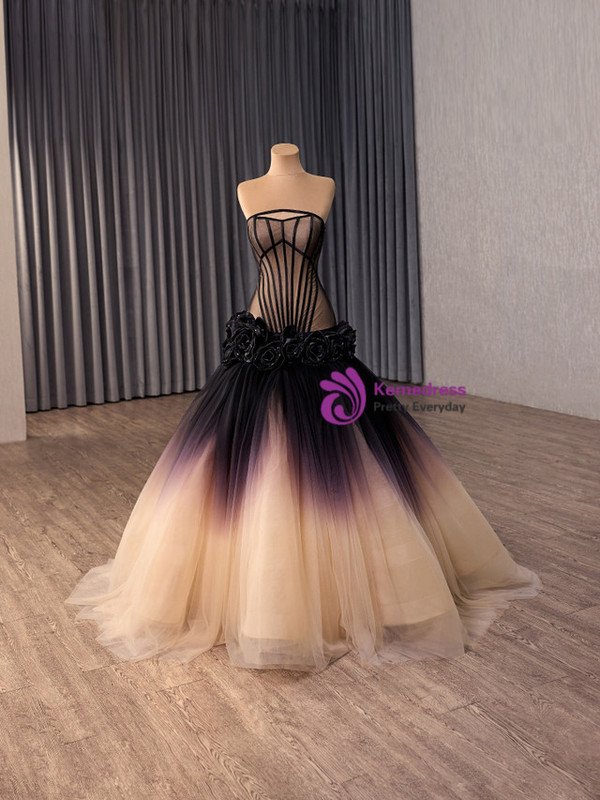 Gradient Black Tulle Long Sleeve Flower Prom Dress
