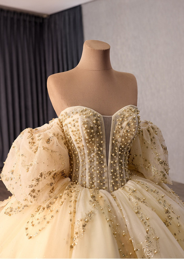 Yellow Tulle Sequins Puff Sleeve Prom Dress