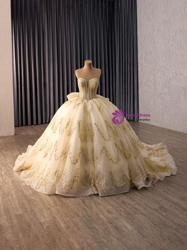 Yellow Tulle Sequins Puff Sleeve Prom Dress