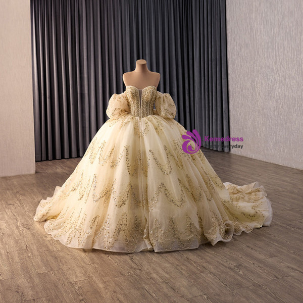 Yellow Tulle Sequins Puff Sleeve Prom Dress