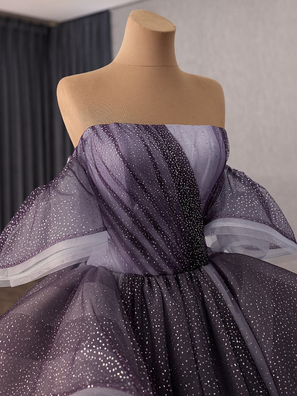 Dark Purple Tulle Sequins Pleats Prom Dress