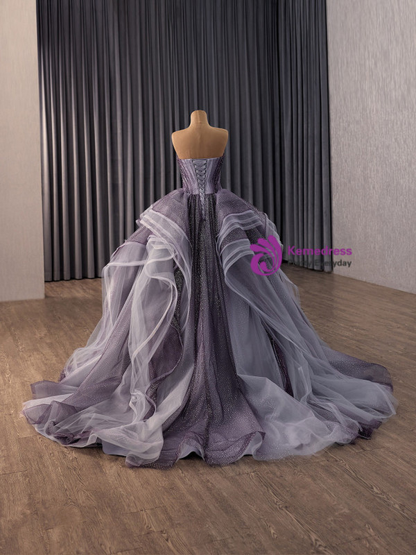 Dark Purple Tulle Sequins Pleats Prom Dress
