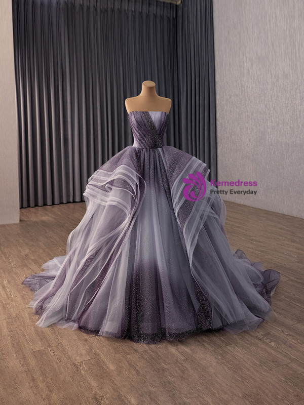 Dark Purple Tulle Sequins Pleats Prom Dress