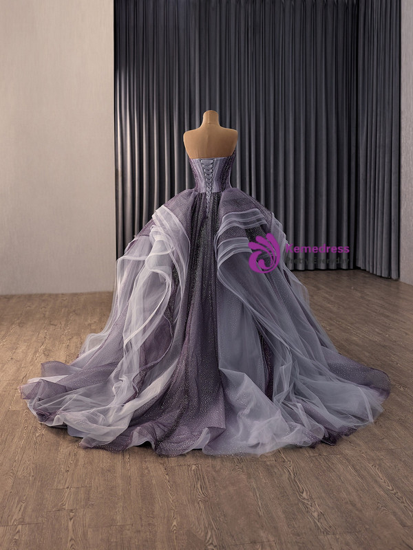 Dark Purple Tulle Sequins Pleats Prom Dress
