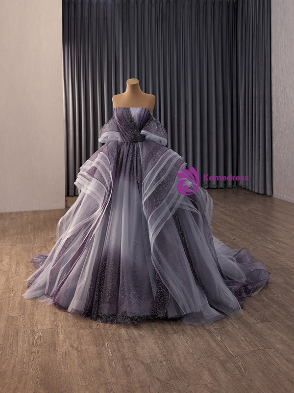 Dark Purple Tulle Sequins Pleats Prom Dress