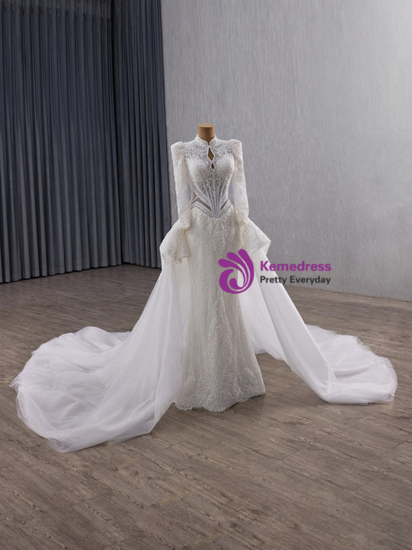 White Mermaid High Neck Tulle Lace Long Sleeve Wedding Dress