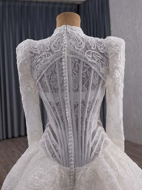 White Mermaid High Neck Tulle Lace Long Sleeve Wedding Dress