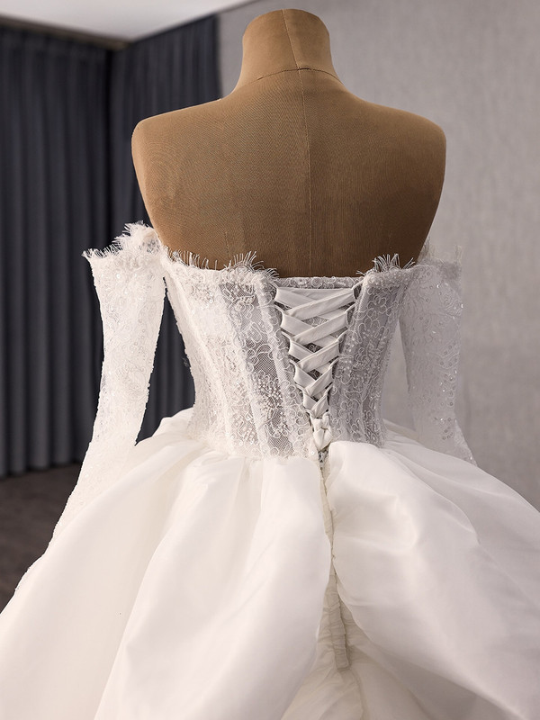 White Satin Lace Long Sleeve Wedding Dress