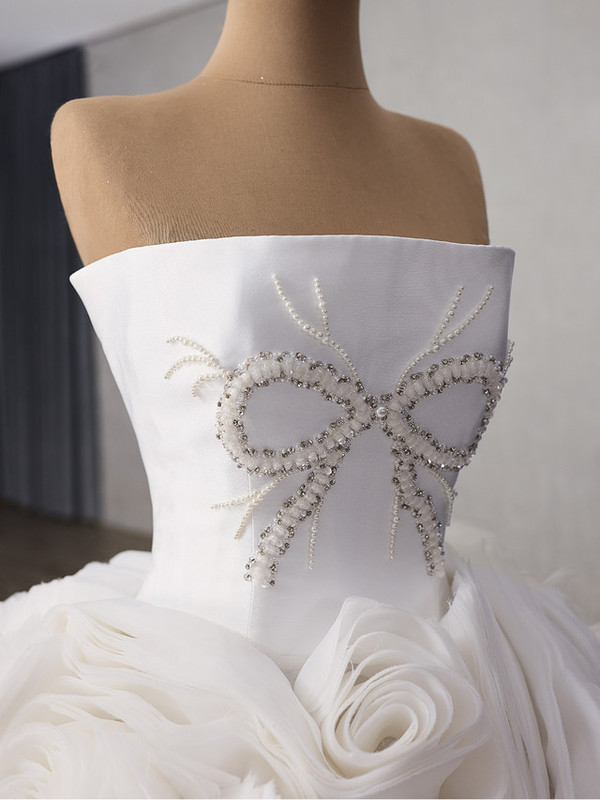 White Ball Gown Tulle Strapless Beading Wedding Dress