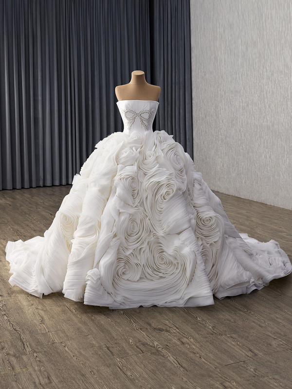 White Ball Gown Tulle Strapless Beading Wedding Dress