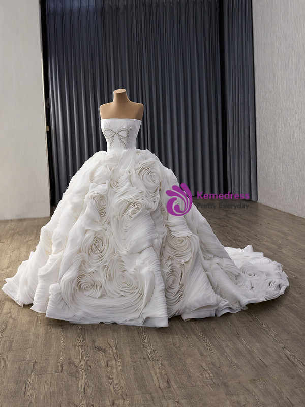 White Ball Gown Tulle Strapless Beading Wedding Dress
