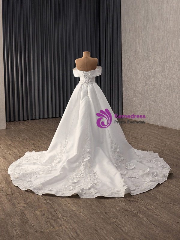 White Satin 3D Flower Wedding Dress