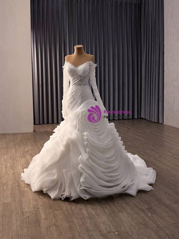 White Mermaid Long Sleeve Lace Off the Shoulder Wedding Dress