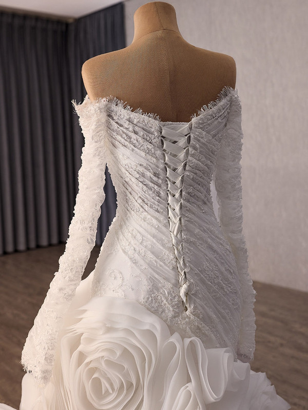 White Mermaid Long Sleeve Lace Off the Shoulder Wedding Dress
