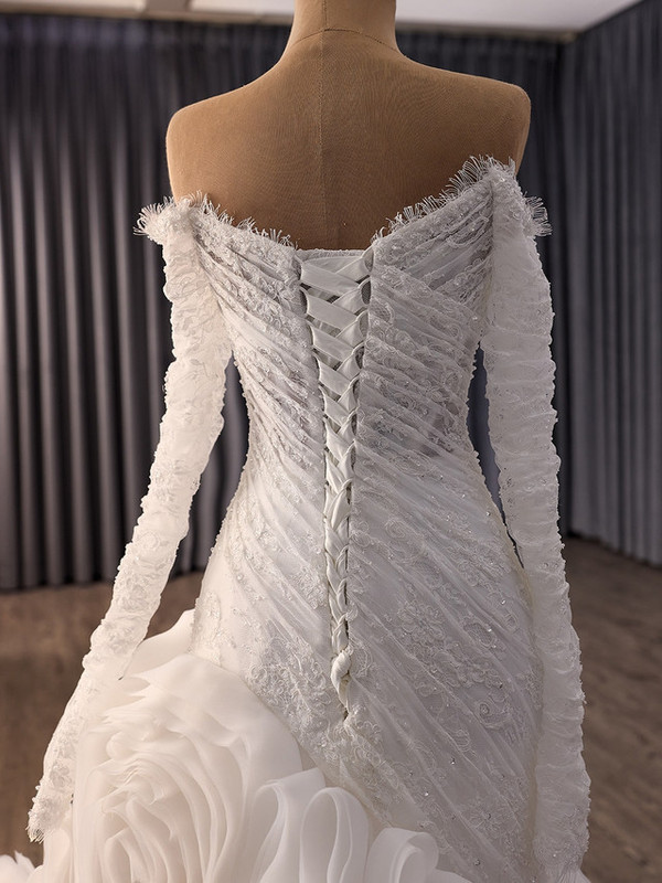 White Mermaid Long Sleeve Lace Off the Shoulder Wedding Dress