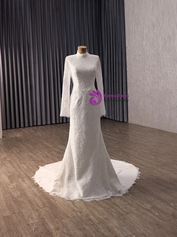 White Mermaid Lace Long Sleeve Wedding Dress With Detachable Train