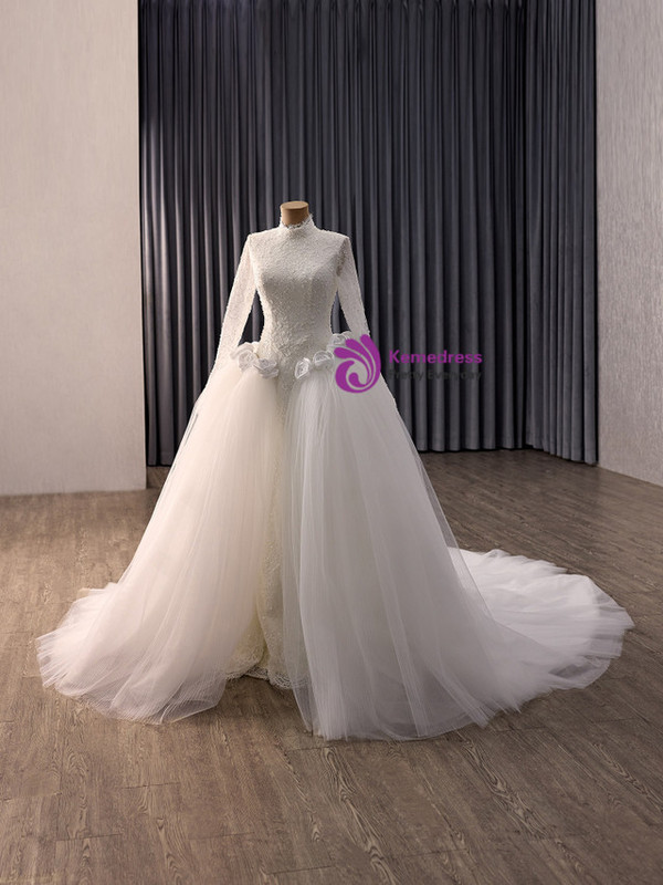 White Mermaid Lace Long Sleeve Wedding Dress With Detachable Train