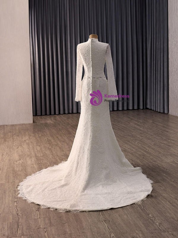 White Mermaid Lace Long Sleeve Wedding Dress With Detachable Train