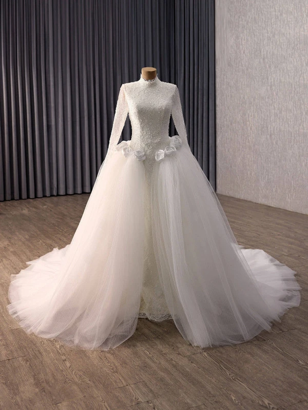 White Mermaid Lace Long Sleeve Wedding Dress With Detachable Train
