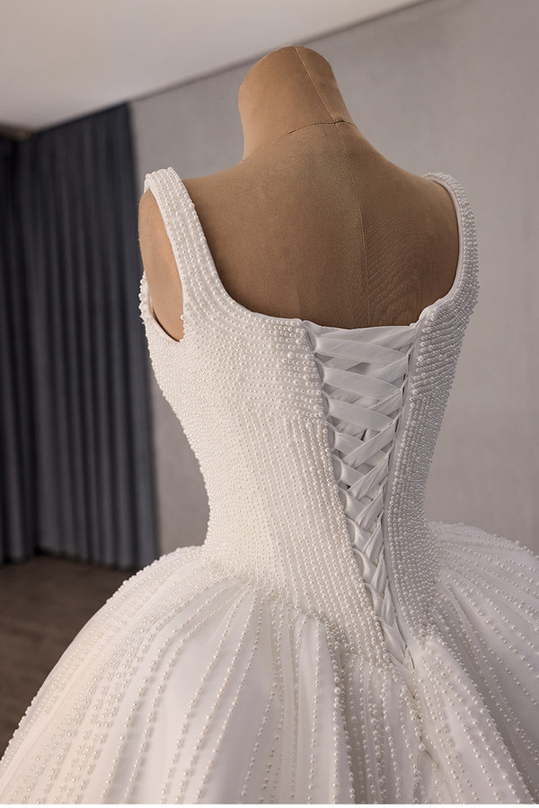 White Tulle Straps Pearls Wedding Dress