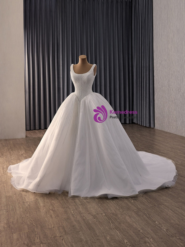 White Tulle Straps Pearls Wedding Dress
