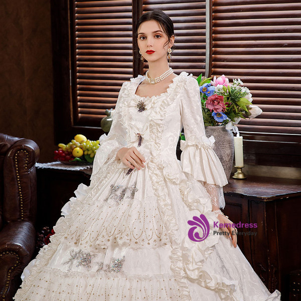 White Ball Gown Square Neck Victorian Vintage Dress