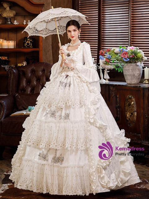 White Ball Gown Square Neck Victorian Vintage Dress